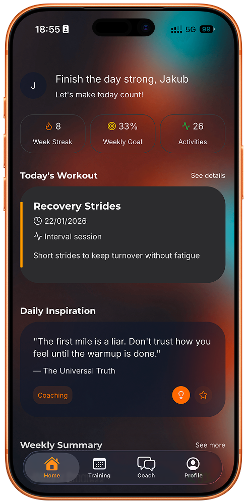 Evolv adaptive training plan interface showing personalized workout schedule
